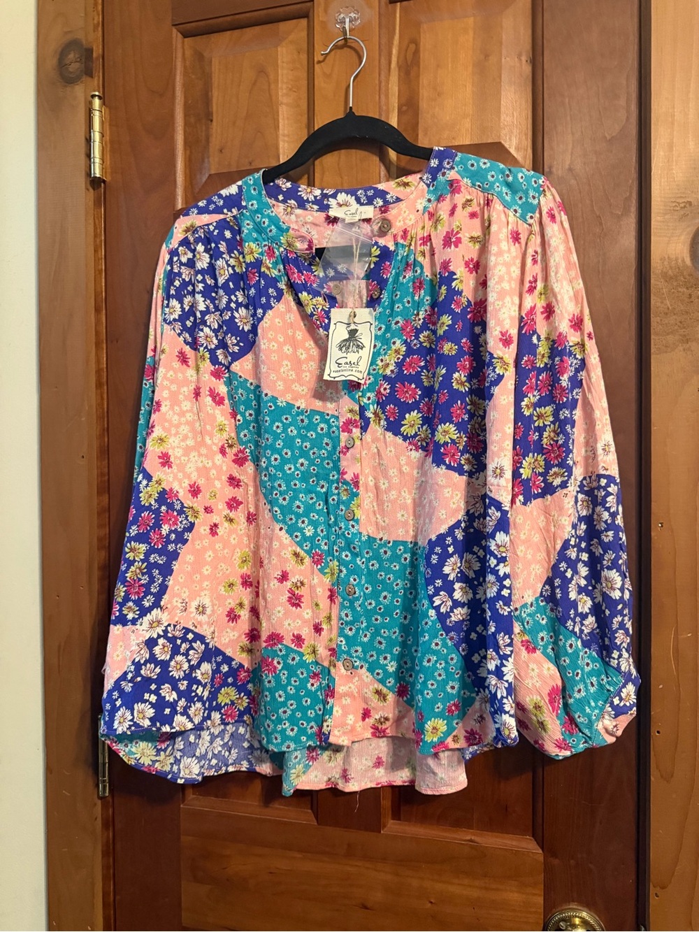 easel Floral Patchwork Blouse in Pink, Blue & Teal